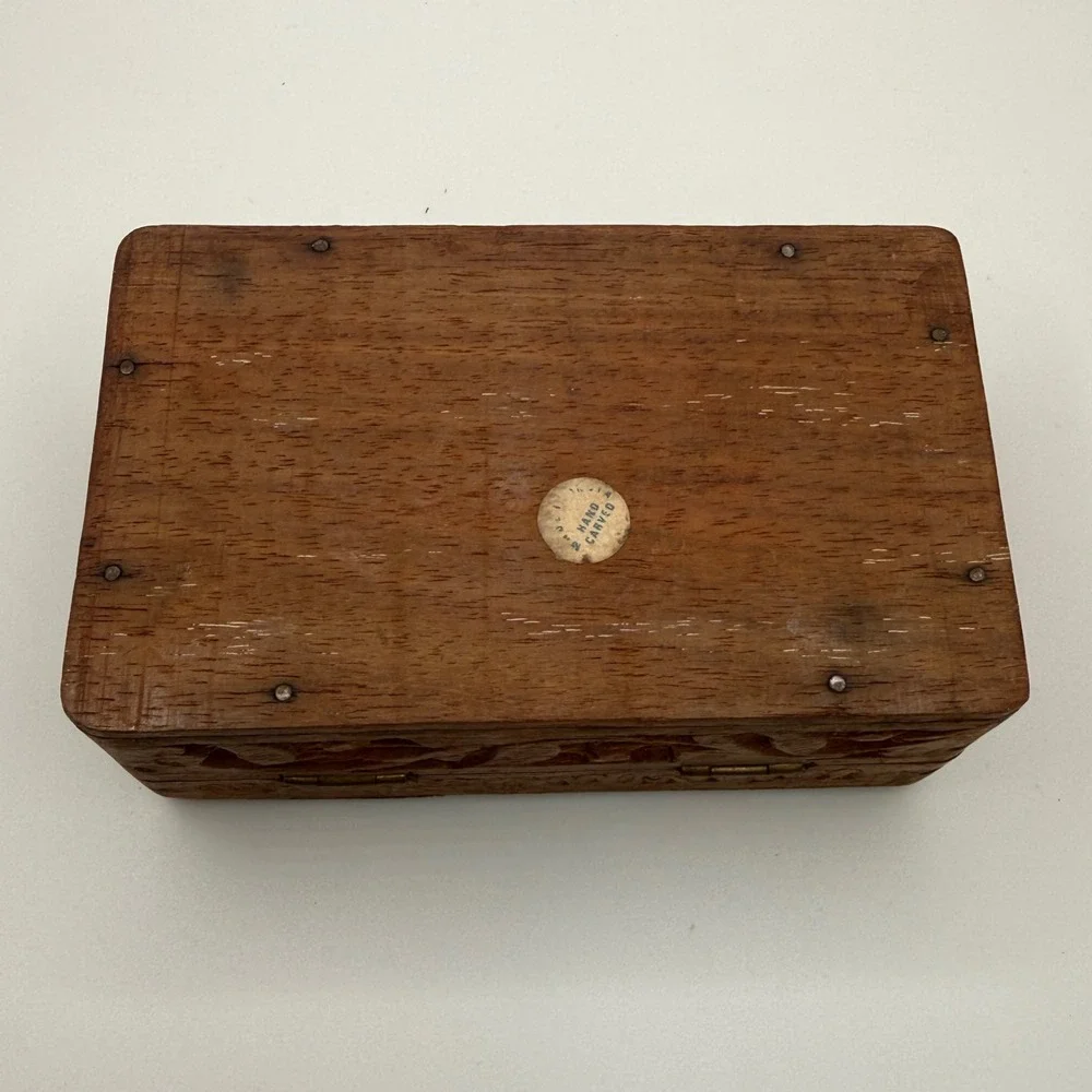 Vintage Hand Carved Wood Jewelry Box India Floral Inlay Small Trinket Keepsake